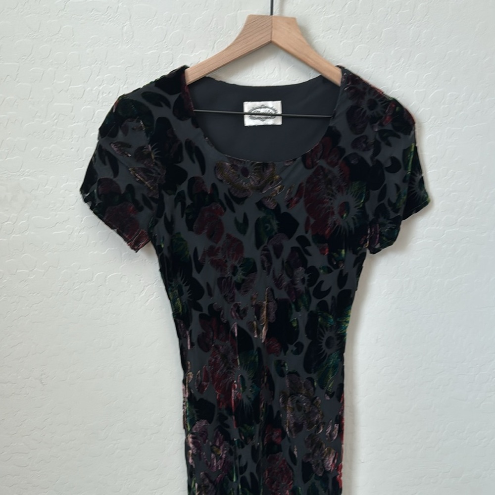 Vintage 90's Velvet Floral Overlay Maxi Dress Short Sleeve Size Small - Picture 3 of 5